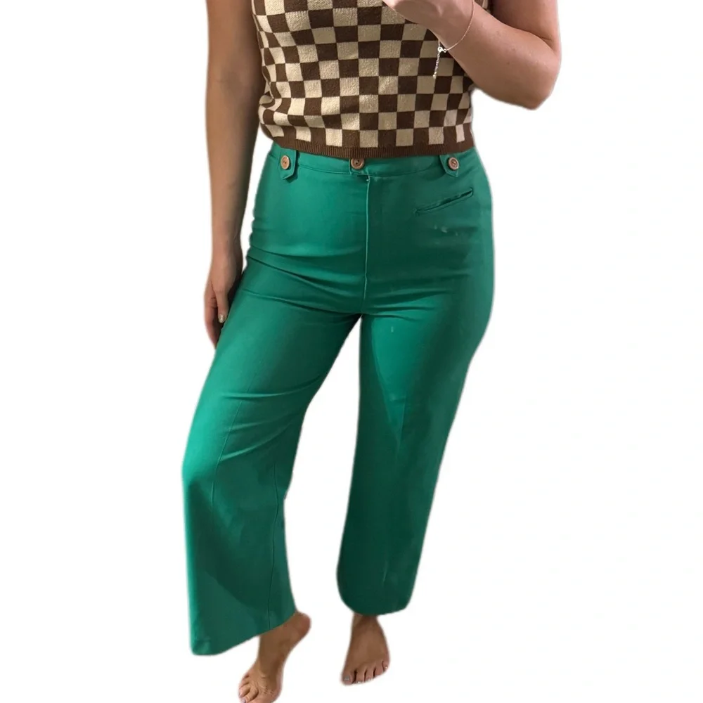 Vintage mod Vibrant Green high waisted front
Button Flared Pants 26” - Picture 6 of 7
